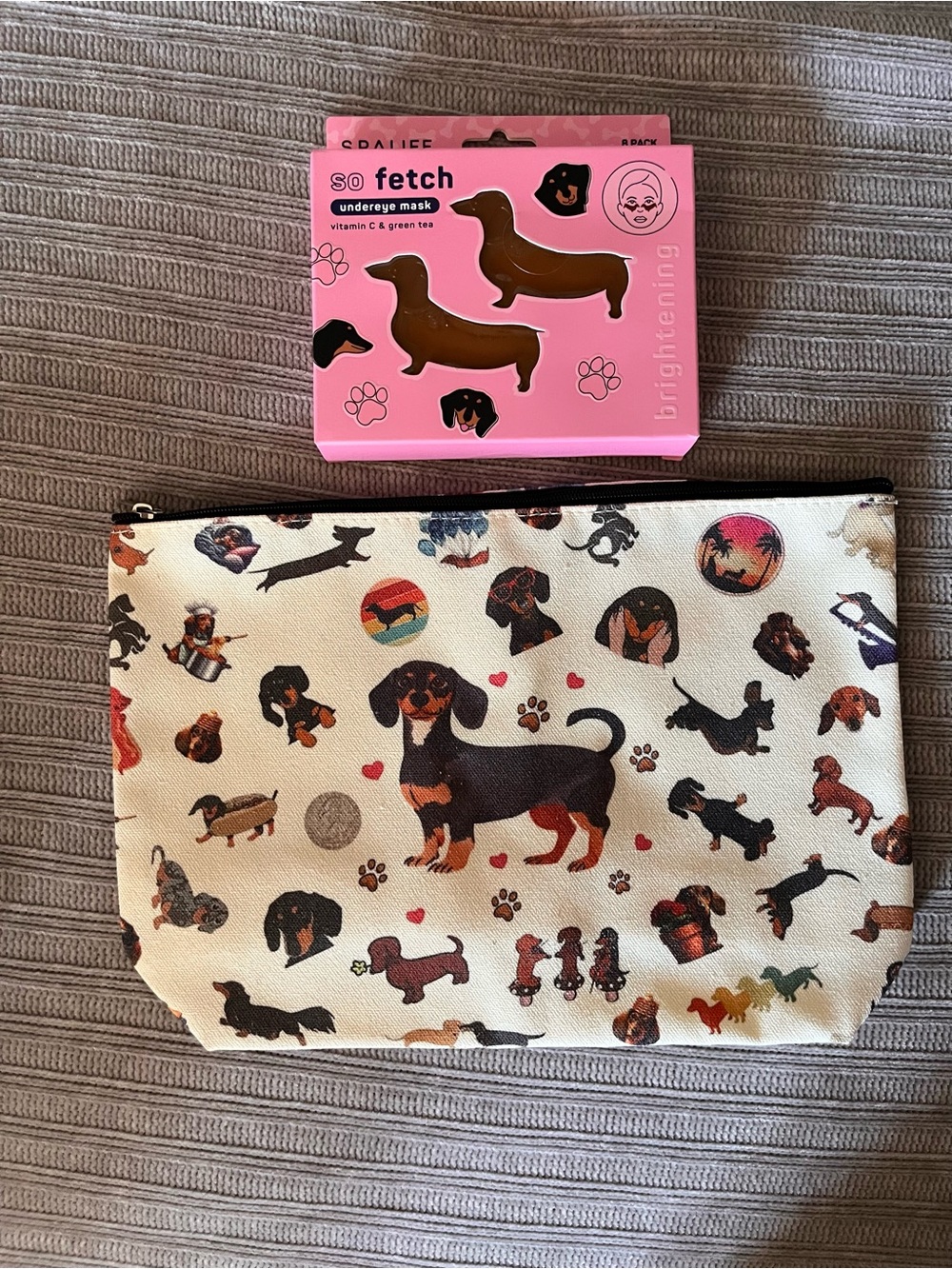 Dachshund Print Cosmetic Pouch with Pink So Fetch Undereye Mask